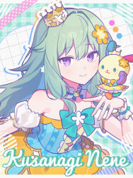 Rule 34 | 1girl, animal, animal on hand, arm cuffs, blue dress, blush, bow, bowtie, character name, color guide, commentary, crown, dress, drop shadow, flower, green background, green bow, green bowtie, green hair, grid background, hair flower, hair ornament, highres, kusanagi nene, letterboxed, looking at viewer, mini crown, multicolored clothes, multicolored dress, plaid, plaid background, project sekai, purple eyes, sanrio, sidelocks, sleeveless, sleeveless dress, smile, usahana, waka (wk4444), wrist cuffs, yellow dress, yellow flower