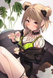 Rule 34 | 1girl, bikini, bodysuit, breasts, diieru, double bun, earrings, fishnet bodysuit, fishnets, food, girls&#039; frontline, green bikini, hair bun, highres, holding, holding food, holding spoon, jewelry, light brown hair, medium breasts, nail polish, official alternate costume, p90 (girls&#039; frontline), p90 (the girl from b.e.l) (girls&#039; frontline), plant, potted plant, red eyes, sitting, solo, spoon, swimsuit, yellow nails
