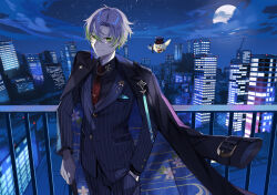 Rule 34 | 1boy, aiha-deko, animal, bird, black coat, black jacket, black pants, black shirt, black suit, blue coat, building, buttons, cane, cityscape, closed mouth, clothed animal, cloud, coat, coat on shoulders, collar chain (jewelry), collared shirt, colored tips, cowboy shot, cuff links, ear chain, earrings, egasumi, floral print, formal, full moon, green eyes, green hair, grey hair, hair between eyes, hand in pocket, highres, holding, holding cane, indie virtual youtuber, jacket, jewelry, kirimi mekabu, lapel pin, lapels, looking at viewer, male focus, mismatched earrings, mole, mole under eye, moon, multicolored hair, necktie, night, notched lapels, pants, pinstripe jacket, pinstripe pants, pinstripe pattern, pinstripe suit, pocket square, railing, red necktie, sakuramon, second-party source, shirt, short hair, sky, skyscraper, smile, solo, star (sky), star button, starry sky, striped, suit, suit jacket, tassel, tassel earrings, tie clip, two-sided coat, two-sided fabric, two-tone hair, virtual youtuber