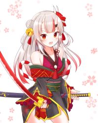 Rule 34 | 1girl, bad id, bad twitter id, bell, blush, breasts, collarbone, dual wielding, fang, hair bun, hair ornament, highres, holding, holding weapon, hololive, horns, japanese clothes, katana, long hair, looking at viewer, mask, mask on head, multicolored hair, nakiri ayame, nakiri ayame (1st costume), open mouth, red eyes, silver hair, single hair bun, small breasts, sword, virtual youtuber, weapon