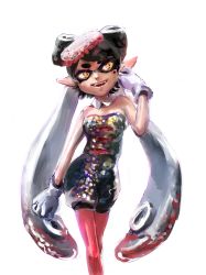 Rule 34 | 1girl, bare shoulders, black dress, black hair, bow, callie (splatoon), detached collar, dress, food, food on head, gloves, hair bow, hand in own hair, highres, inkling, long hair, mole, mole under eye, nintendo, noritsune miyabi, object on head, open mouth, orange eyes, pantyhose, pointy ears, red pantyhose, short jumpsuit, simple background, smile, solo, splatoon (series), splatoon 1, strapless, strapless dress, tentacle hair, tentacles, white background, white gloves