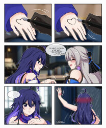 Rule 34 | ..., 2girls, ^ ^, absurdres, ahoge, arm support, bare shoulders, black gloves, black headwear, blue eyes, blue hair, blue scarf, blue sleeves, blush, bronya rand, closed eyes, closed mouth, comic, commentary, derivative work, drawing, earrings, english commentary, english text, gloves, grey eyes, grey hair, hair between eyes, hand on own hip, hand on wall, highres, holding, holding pencil, honkai: star rail, honkai (series), jewelry, multiple girls, nude, open hand, open mouth, pencil, rissuuu, scarf, seele (honkai: star rail), showering, speech bubble, tsundere, twitter username, window, yuri