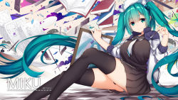 Rule 34 | 1girl, 2017, aqua eyes, aqua hair, black thighhighs, book, breasts, character name, checkered floor, dated, floating hair, green eyes, hatsune miku, highres, jacket, jie (530940004), large breasts, long hair, looking at viewer, paintbrush, panties, pantyshot, paper, sitting, skirt, solo, striped clothes, striped panties, thighhighs, track jacket, twintails, underwear, very long hair, vocaloid