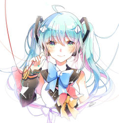 Rule 34 | 1girl, ahoge, blue bow, blue eyes, blue hair, blue nails, bow, bowtie, cropped torso, dated, detached sleeves, emo (ricemo), floating hair, hair between eyes, hair ribbon, twirling hair, hatsune miku, headphones, long hair, looking at viewer, magical mirai miku, magical mirai miku (2018), multicolored hair, nail polish, pink hair, red bow, red ribbon, ribbon, shirt, signature, simple background, sleeveless, sleeveless shirt, smile, solo, twintails, two-tone hair, very long hair, vocaloid, white background, white ribbon, white shirt