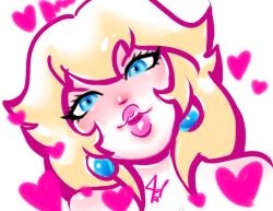 Rule 34 | 1girl, bare shoulders, blonde hair, blue eyes, earrings, eyelashes, head tilt, heart, jamilsc11, jewelry, lips, looking at viewer, mario (series), nintendo, open mouth, pink lips, portrait, princess peach, seductive smile, signature, simple background, smile, solo, super mario bros. 1, thick lips, white background