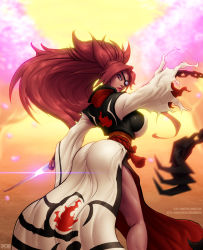 Rule 34 | 1girl, amputee, ass, backlighting, baiken, barretxiii, breasts, cherry blossoms, covered erect nipples, eyepatch, guilty gear, guilty gear xrd, highres, huge ass, huge breasts, incoming attack, japanese clothes, katana, kimono, kneepits, long hair, looking at viewer, looking back, motion blur, narrow waist, one-eyed, parted lips, red eyes, red hair, solo, standing, sword, tattoo, thighs, toned, tree, very long hair, watermark, weapon, web address