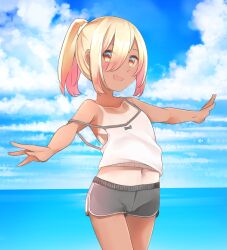 Rule 34 | 1girl, :d, bare arms, bare shoulders, black shorts, blonde hair, blue sky, brown eyes, camisole, cloud, cloudy sky, collarbone, comah, crop top, day, dolphin shorts, hair between eyes, horizon, navel, ocean, open mouth, original, outdoors, outstretched arms, ponytail, short shorts, shorts, sidelocks, sky, smile, solo, standing, strap slip, tan, tanline, water, white camisole