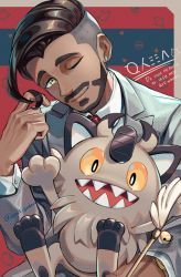Rule 34 | 1boy, black hair, buttons, cat teaser, closed mouth, collared shirt, commentary, creatures (company), earrings, facial hair, galarian form, galarian meowth, game freak, gen 8 pokemon, green eyes, grey jacket, twirling hair, jacket, janis (hainegom), jewelry, male focus, necktie, nintendo, one eye closed, pokemon, pokemon (creature), pokemon swsh, red neckwear, rose (pokemon), shirt, short hair, smile, symbol-only commentary, undercut, watch, white shirt, wristwatch