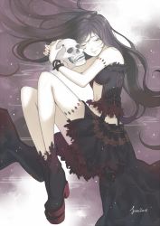 Rule 34 | 1girl, 2016, bare arms, bare shoulders, black hair, boots, bracelet, breasts, closed eyes, gothic lolita, jewelry, light smile, lips, lolita fashion, long hair, lying, midriff, nail polish, navel, on side, original, pale skin, patterned clothing, signature, simple background, skull, sleeveless, small breasts, solo, sua lucid