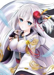 Rule 34 | 1girl, amagami (makise tsubaki), azur lane, blue eyes, commentary request, eyeshadow, flute, hair ornament, highres, instrument, japanese clothes, long hair, looking at viewer, makeup, mole, mole under eye, parted lips, shoukaku (azur lane), silver hair, solo, wide sleeves