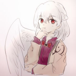 Rule 34 | 1girl, angel wings, bow, bowtie, braid, brooch, chinese commentary, commentary request, dress, feathered wings, french braid, hand on own elbow, jacket, jewelry, kishin sagume, light blush, long sleeves, looking at viewer, niangao (8490593), open clothes, open jacket, purple dress, red bow, red bowtie, red eyes, single wing, solo, suit jacket, touhou, traditional media, white hair, white wings, wings