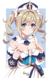 Rule 34 | 1girl, barbara (genshin impact), bare shoulders, belt, blonde hair, blue eyes, blush, book, bow, breasts, cleavage, closed mouth, commentary request, cowboy shot, detached collar, detached sleeves, dress, genshin impact, highres, karahai (31448823), long hair, long sleeves, looking at viewer, small breasts, solo, strapless, strapless dress, twintails, two-tone background, white bow, white headwear