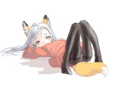 Rule 34 | 1girl, animal ears, black pantyhose, blue hair, brown eyes, child, female focus, fox ears, fox tail, highres, long hair, looking at viewer, lying, nenena, on back, original, pantyhose, simple background, sleeves past wrists, solo, tail, white background