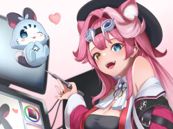 1girl absurdres animal_ear_fluff animal_ears beret black_hat black_tube_top blue_eyes blush breasts cat_ears cat_girl chattino_(raora_panthera) closed_mouth g2_xpf goggles goggles_on_head hat heart heterochromia highres hololive hololive_english large_breasts long_hair looking_at_viewer one_eye_closed pink_hair raora_panthera raora_panthera_(1st_costume) smile strapless tube_top very_long_hair virtual_youtuber white_background yellow_eyes