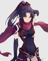 Rule 34 | 1girl, android, arm behind head, arm up, bare shoulders, black gloves, black hair, black leotard, bow, breasts, closed mouth, covered navel, cowboy shot, elbow gloves, fate/grand order, fate (series), gloves, grey background, hair bow, high ponytail, katou danzou (fate), legs apart, leotard, long hair, looking at viewer, medium breasts, motu0505, parted bangs, pink scarf, ponytail, red bow, scarf, simple background, solo, standing, yellow eyes