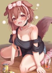 Rule 34 | 1girl, animal ears, artist name, black shirt, blush, breasts, brown eyes, brown hair, cleavage, collar, collarbone, dog ears, dog girl, dog tail, hair between eyes, highres, hololive, inugami korone, looking at viewer, medium breasts, nyoon, open mouth, seiza, shirt, short shorts, shorts, sitting, smile, socks, solo, strap slip, striped clothes, striped socks, tail, thigh strap, virtual youtuber
