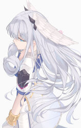 Rule 34 | 1girl, artist name, blue eyes, breasts, cleavage, commentary, dress, from above, gloves, grey hair, head wings, highres, long hair, medium breasts, melia antiqua, revvie, simple background, solo, twitter username, two-tone gloves, white background, white dress, white gloves, wings, xenoblade chronicles (series), xenoblade chronicles 3, yellow gloves