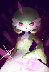 Rule 34 | 1girl, absurdres, artist name, bob cut, bright pupils, collarbone, colored skin, cowboy shot, creatures (company), female focus, flat chest, game freak, gardevoir, gen 3 pokemon, glowing, green hair, green skin, hair between eyes, highres, ka ei volltis, looking down, multicolored skin, nintendo, open mouth, pokemon, pokemon (creature), pokemon move, purple background, red eyes, shadow ball (pokemon), short hair, signature, simple background, solo, standing, twitter username, two-tone skin, underlighting, white pupils, white skin