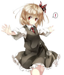 Rule 34 | !, 1girl, blonde hair, brown hair, collared shirt, cowboy shot, frilled skirt, frills, gorilla (bun0615), hair ribbon, highres, long sleeves, looking at viewer, necktie, outstretched arms, red eyes, ribbon, rumia, shirt, short hair, skirt, skirt set, smile, solo, spread arms, touhou, vest