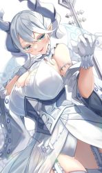 Rule 34 | 1girl, breasts, cleavage, detached sleeves, dress, duel monster, dutch angle, garter straps, gloves, grey eyes, grey hair, highres, horns, igayan, large breasts, lovely labrynth of the silver castle, medium hair, parted lips, pointy ears, polearm, simple background, smile, solo, thighhighs, weapon, white background, white thighhighs, yu-gi-oh!, zettai ryouiki