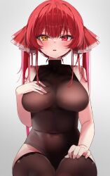 Rule 34 | 1girl, absurdres, bare shoulders, black leotard, black thighhighs, blush, breasts, covered navel, eyepatch, hair ribbon, heterochromia, highres, hololive, houshou marine, large breasts, leotard, long hair, looking at viewer, open mouth, red eyes, red hair, red ribbon, ribbon, solo, sweat, thighhighs, twintails, virtual youtuber, yellow eyes, yuzuyukiha