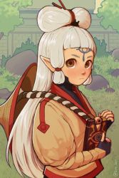 Rule 34 | 1girl, absurdres, blunt bangs, blush, brown eyes, building, bush, eye symbol, forehead tattoo, grass, grey hair, hat on back, highres, hyrule warriors: age of calamity, impa, long hair, looking at viewer, nintendo, plant, pointy ears, rock, rope, sheikah, solo, svv art, the legend of zelda, the legend of zelda: breath of the wild, tree, twitter username, upper body
