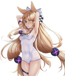 Rule 34 | 1girl, animal ears, armpits, arms behind head, blonde hair, blush, bow, braid, breasts, character name, covered navel, g41 (beach punk 2064) (girls&#039; frontline), g41 (girls&#039; frontline), girls&#039; frontline, hair bow, highres, long hair, looking at viewer, low-tied long hair, low twintails, official alternate costume, one-piece swimsuit, one eye closed, parted lips, red eyes, school swimsuit, see-through, shiro haoto, side braid, simple background, small breasts, solo, swimsuit, thigh strap, twintails, very long hair, wet, white background, white bow, white one-piece swimsuit