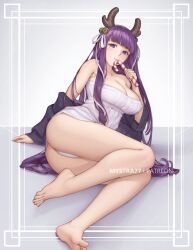 Rule 34 | antlers, artist name, ass, bare shoulders, barefoot, bell, blunt bangs, breasts, candy, candy cane, dress, fern (sousou no frieren), food, hair bell, hair ornament, horns, large breasts, looking at viewer, mystra77, panties, purple eyes, purple hair, sousou no frieren, straight hair, underwear, white dress, white panties