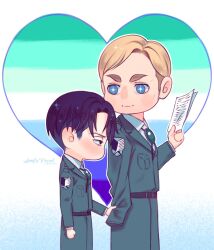 Rule 34 | 2boys, annlu vazzel, black hair, blonde hair, blue eyes, blush, brown hair, chibi, clothes grab, couple, emblem, erwin smith, feet out of frame, flag background, gay male pride flag, heart, height difference, highres, holding, holding paper, levi (shingeki no kyojin), looking at another, looking to the side, male focus, multiple boys, no mouth, paper, paradis military uniform, shingeki no kyojin, short hair, sleeve grab, sparkling eyes, survey corps (emblem), yaoi