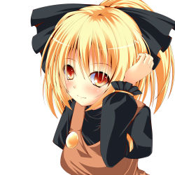 Rule 34 | 1girl, blonde hair, bow, breasts, fukatsuki yoyori, hair bow, hand on own head, high collar, juliet sleeves, kurodani yamame, light smile, long sleeves, looking at viewer, ponytail, puffy sleeves, short hair, simple background, solo, touhou, upper body, vest, white background, yellow eyes