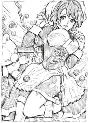 Rule 34 | 00s, 1girl, beret, blush, bow, breasts, chain, coin, dress, flower, frills, greyscale, hat, large breasts, looking at viewer, lying, maid, monochrome, on back, open mouth, parted lips, ribbon, rose, shannon (umineko), short hair, solo, stuffed animal, stuffed toy, tattoo, teddy bear, thighs, umineko no naku koro ni