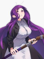 Rule 34 | 1girl, absurdres, black robe, blunt bangs, breasts, commentary, dress, fern (sousou no frieren), highres, holding, holding staff, large breasts, long hair, long sleeves, mage staff, parted lips, purple eyes, purple hair, robe, simple background, solo, sousou no frieren, staff, tonabe, upper body, white background, white dress