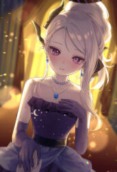 Rule 34 | 1girl, bare shoulders, bling (wnsdud34), blue archive, dress, elbow gloves, gloves, highres, hina (blue archive), hina (dress) (blue archive), looking at viewer, purple dress, purple eyes, smile, solo, strapless, strapless dress, white hair