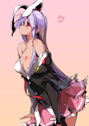 Rule 34 | 1girl, absurdres, animal ears, bare shoulders, breasts, cleavage, female focus, heart, highres, large breasts, long hair, necktie, no bra, open clothes, open shirt, pleated skirt, purple hair, rabbit ears, red eyes, red necktie, reisen udongein inaba, sakura sora, shirt, simple background, skirt, solo, touhou, undressing