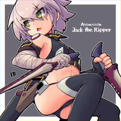 Rule 34 | 1girl, bandages, bare shoulders, bikini, black bikini, black footwear, black gloves, boots, border, character name, dagger, dual wielding, elbow gloves, fate/apocrypha, fate/grand order, fate (series), fingerless gloves, gloves, green eyes, holding, holding dagger, holding knife, holding weapon, jack the ripper (fate/apocrypha), knife, mawaru (mawaru), purple background, purple hair, scar, scar across eye, short hair, single glove, solo, swimsuit, tattoo, thigh boots, thighhighs, weapon, white border