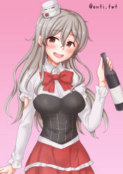Rule 34 | 1girl, anti (untea9), blush, bodice, bottle, bow, bowtie, breasts, brown eyes, collared shirt, commentary request, cowboy shot, dress shirt, drunk, frilled skirt, frills, gradient background, grey hair, hat, highres, holding, holding bottle, kantai collection, long hair, looking at viewer, medium breasts, mini hat, nose blush, one-hour drawing challenge, open mouth, pink background, pleated skirt, pola (kancolle), red bow, red bowtie, red skirt, shirt, skirt, solo, standing, tilted headwear, wavy hair, white shirt, wine bottle