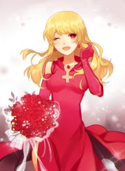 Rule 34 | 1girl, apring, bad id, bad pixiv id, blonde hair, bouquet, character request, dress, earrings, elbow gloves, flower, gloves, jewelry, long hair, looking at viewer, necklace, one eye closed, red dress, red eyes, red gloves, smile, solo, sound horizon, stardust