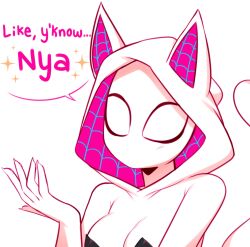 Rule 34 | 1girl, absurdres, animal ears, bodysuit, breasts, cat ears, english text, facing viewer, fake animal ears, hand up, highres, hood, hood up, hooded bodysuit, marvel, medium breasts, nyan, sataen, simple background, solo, sparkle, speech bubble, spider-gwen, spider-man: into the spider-verse, spider-man (series), spider-verse, superhero costume, white background
