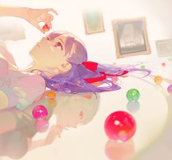 Rule 34 | 1girl, ask (askzy), ball, dark persona, hand on own chin, holding, holding ball, looking back, looking up, lying, multiple persona, on back, original, portrait, purple eyes, purple hair, red eyes, reflection, white hair