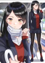 Rule 34 | 1girl, black footwear, black hair, black pantyhose, blazer, blue jacket, blue skirt, blurry, blurry background, blush, brown eyes, collared shirt, dress shirt, hands up, highres, holding, holding umbrella, jacket, long hair, long sleeves, looking at viewer, mask, mouth mask, multiple views, niwata0, original, outstretched arm, pantyhose, parted lips, pleated skirt, red pantyhose, red shirt, shirt, shoes, skirt, socks, socks over pantyhose, standing, train station, train station platform, umbrella, white shirt