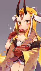 Rule 34 | 1girl, blonde hair, bow, candy, commentary, facial mark, fang, fate/grand order, fate (series), food, food in mouth, hair bow, highres, holding, holding food, holding lollipop, horns, ibaraki douji (fate), japanese clothes, kimono, lollipop, long hair, oni, oni horns, purple background, rimukoro, solo, sparkle, yellow eyes