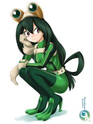 Rule 34 | 1girl, absurdres, artist name, asui tsuyu, belt, bodysuit, boku no hero academia, breasts, bright pupils, brown eyes, eyelashes, gloves, goggles, goggles on head, green bodysuit, hair between eyes, hair rings, high heels, highres, long hair, medium breasts, orcaleon, smile, solo, squatting, white background, white belt, white gloves, white pupils