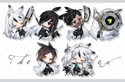 Rule 34 | 2girls, 3boys, ahoge, animal ears, black eyes, black hair, black jacket, black necktie, brown hair, cape, closed eyes, devy lobotomy, esther (project moon), gloria (project moon), gold trim, highres, holding, holding sword, holding weapon, hubert (project moon), jacket, library of ruina, long hair, medium hair, moirai (project moon), multicolored hair, multiple boys, multiple girls, necktie, open mouth, project moon, rabbit ears, rabbit tail, red eyes, side ponytail, streaked hair, sword, tail, torn clothes, weapon, white background, white cape, white hair, yan vismok