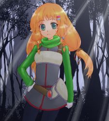 Rule 34 | 1girl, bad id, bad pixiv id, belt, blonde hair, elf, facial mark, forest, gloves, green eyes, green shirt, hair ornament, hairclip, hand on own hip, hip focus, light rays, long hair, nature, original, pointy ears, ribbed sweater, shirt, solo, sunbeam, sunlight, sweater, tree, yuusuke (1220622)