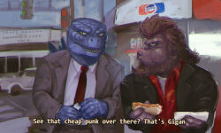 Rule 34 | 2boys, ape, beard, business suit, can, car, city, crossover, drink can, english text, facial hair, food, formal, godzilla, godzilla (series), godzilla x kong: the new empire, gorilla, hawaiian shirt, highres, hot dog, hot dog bun, jacket, jewelry, king kong, king kong (series), legendary pictures, monsterverse, motor vehicle, mullet, multiple boys, necktie, open clothes, open jacket, outdoors, parody, pepsi, red shirt, ring, road, sharp teeth, shirt, sideburns, slit pupils, soda can, spacedragon14, spikes, suit, teeth, theater, toho, traffic light, white shirt