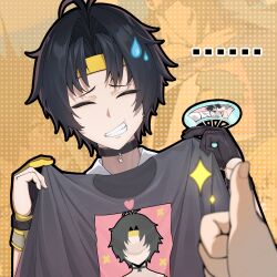 ... 1boy 1other asaba_harumasa black_hair bolinger closed_eyes fingernails furrowed_brow headband highres holding holding_shirt holding_unworn_clothes parted_bangs shirt short_hair sidelocks smile solo_focus sweatdrop upper_body yellow_headband zenless_zone_zero