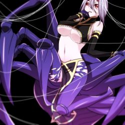 Rule 34 | 10s, 1girl, arachne, arthropod girl, black background, breasts, carapace, claws, detached sleeves, extra eyes, huge breasts, ice (aitsugai), insect girl, light purple hair, loincloth, monster girl, monster musume no iru nichijou, multiple legs, navel, pelvic curtain, rachnera arachnera, red eyes, silk, simple background, solo, spider girl, spider web, taur, underboob