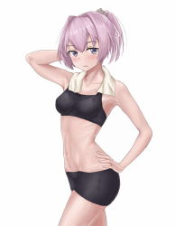 Rule 34 | 1girl, abs, arm up, armpits, bare arms, bare shoulders, bike shorts, black bra, black shorts, blush, bra, collarbone, commentary, cowboy shot, from side, grey eyes, hair between eyes, hair intakes, hair ornament, hair ribbon, hand on own hip, kantai collection, parted lips, pink hair, ribbon, shiranui (kancolle), shiranui kai ni (kancolle), shorts, simple background, solo, soutou (user wzuw4587), sports bra, towel, towel around neck, twisted torso, underwear, wet, white background, white ribbon, white towel