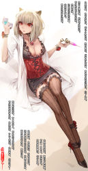 Rule 34 | 1girl, animal ears, ankle strap, black footwear, black thighhighs, blonde hair, blunt bangs, breasts, chang&#039;e, chinese mythology, chinese text, coat, commentary request, flower, fox ears, frilled thighhighs, frills, highres, jewelry, lab coat, lace, large breasts, open clothes, original, pendant, red eyes, rose, sannamaman, simple background, simplified chinese text, sitting, solo, syringe, thighhighs, translation request, white background, white coat, wrist cuffs, zettai ryouiki