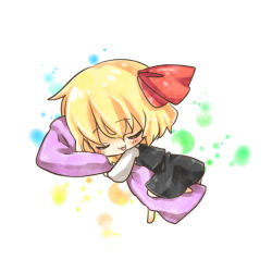 Rule 34 | 1girl, :3, blonde hair, chibi, embodiment of scarlet devil, closed eyes, female focus, lying, hugging object, pillow, pillow hug, rumia, solo, touhou, white background, yuya (night lily)